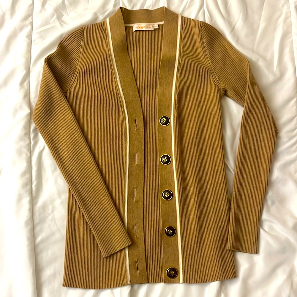 Tory Burch Ribbed Cardigan, Logo Buttons, XS